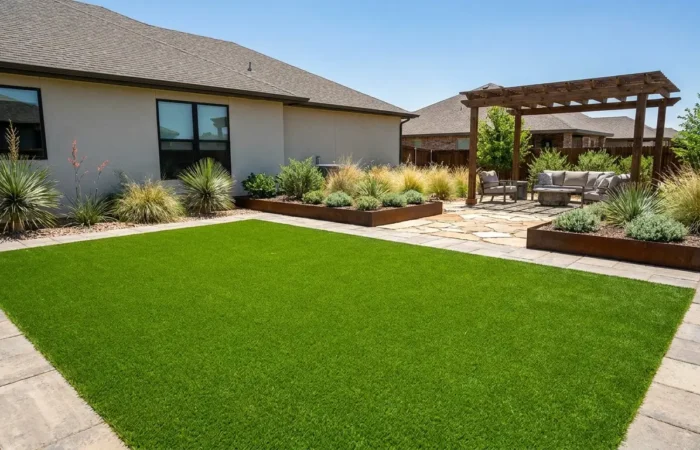Pristine artificial turf lawn in a Lubbock, TX backyard kept new with regular artificial turf maintenance