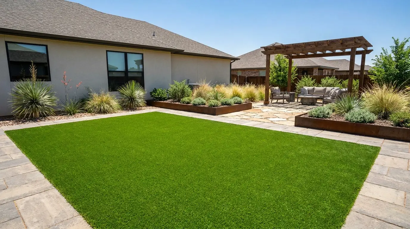 Pristine artificial turf lawn in a Lubbock, TX backyard kept new with regular artificial turf maintenance
