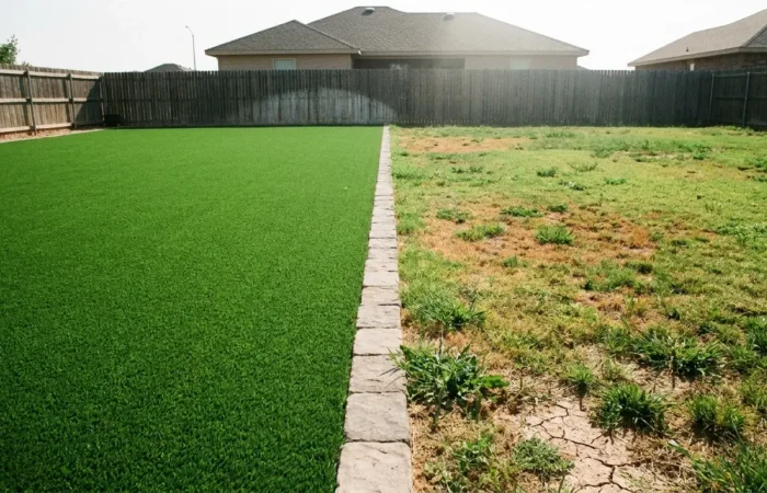 Backyard split showing artificial turf vs natural grass side by side in Lubbock, TX