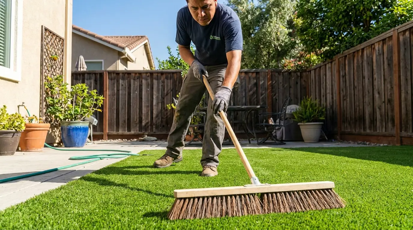 Grooming artificial turf with a stiff broom to keep the blades upright in Lubbock