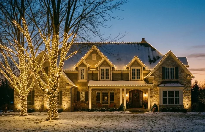 Elegant Lubbock home at dusk with warm-white roofline and wrapped trees — classic Christmas light ideas