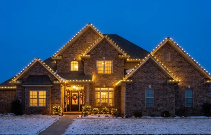 Lubbock brick home at dusk after professional Christmas light installation along the roofline