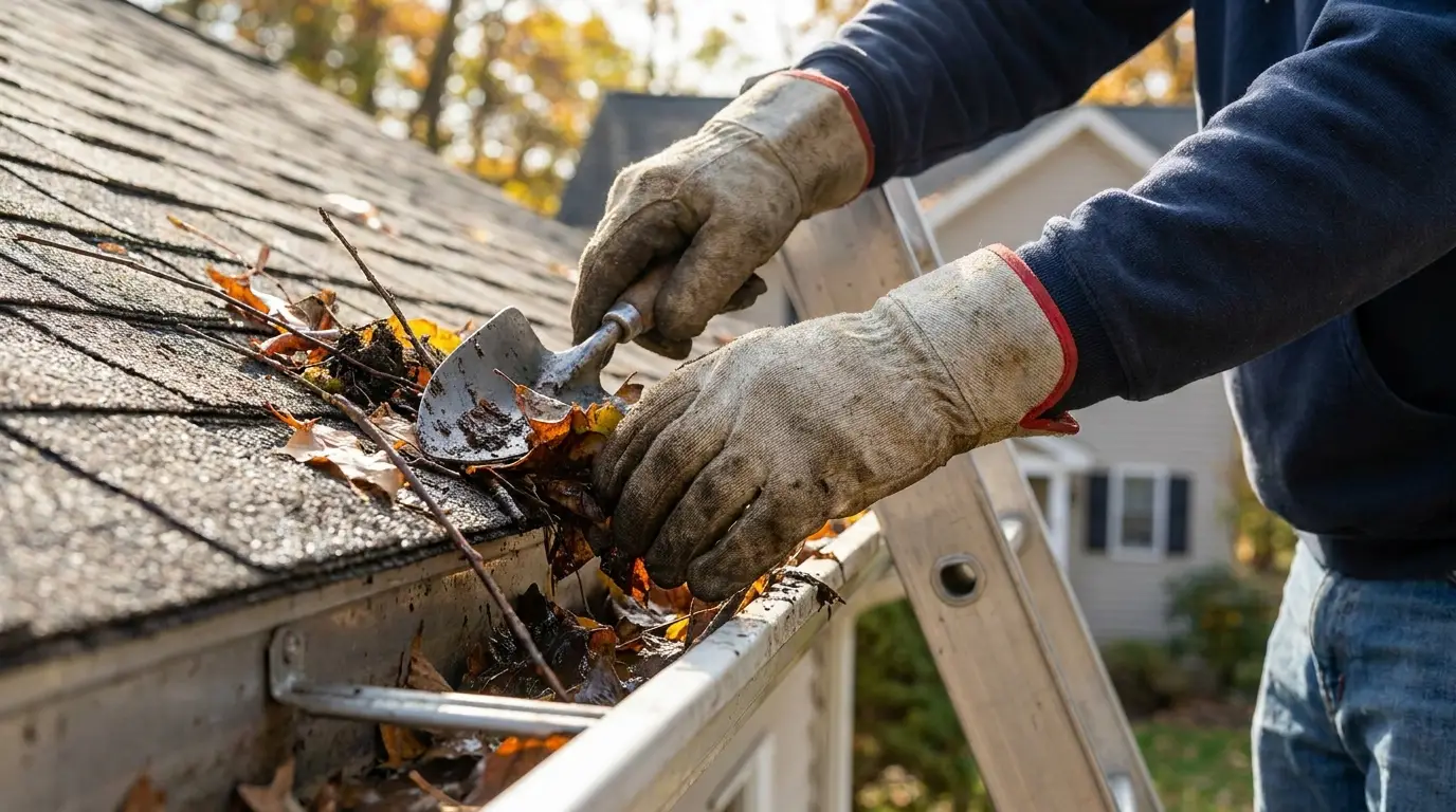 Gloved hands cleaning leaves from a roof gutter before winter in Lubbock