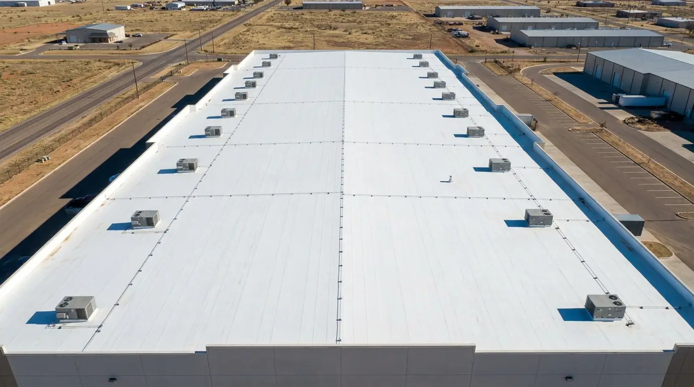 Large white TPO flat roof with rooftop units on a Lubbock building — commercial roofing in West Texas