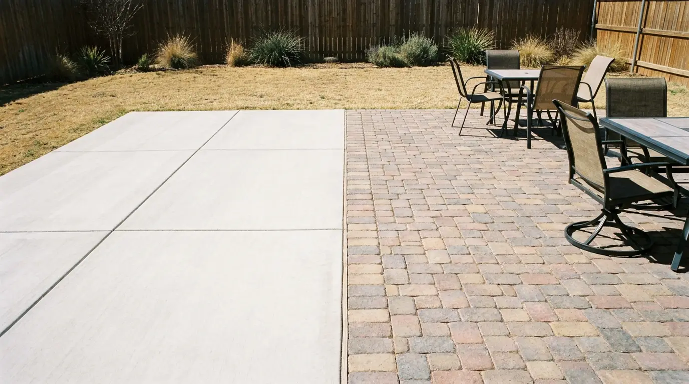 Side-by-side comparison of a poured concrete patio and a paver patio in a Lubbock backyard — concrete vs pavers