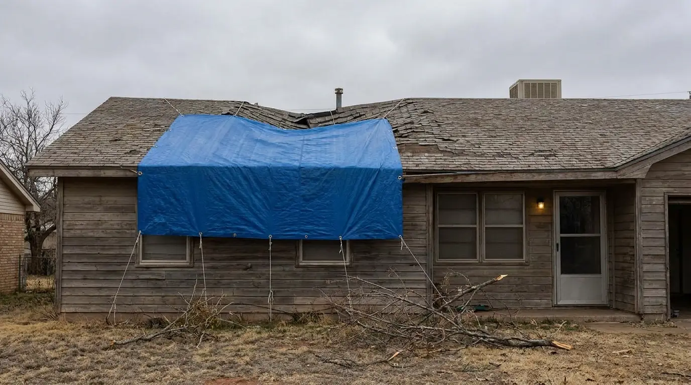 Blue emergency tarp covering a storm-damaged section of a Lubbock roof
