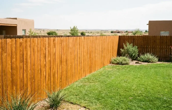 Freshly stained honey-brown cedar privacy fence in a Lubbock, TX backyard after professional fence staining