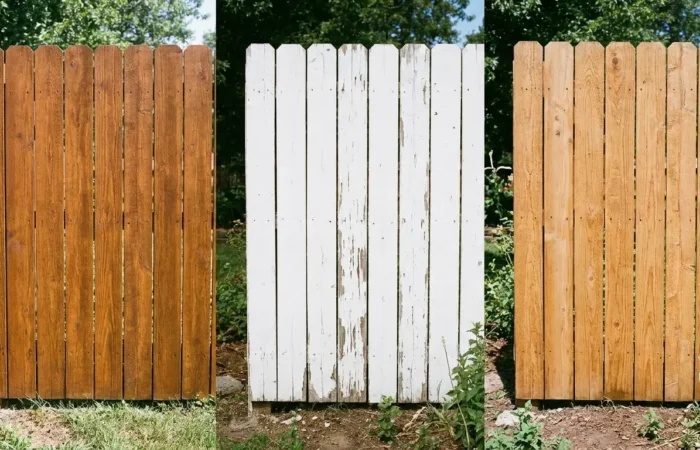 Three wood fence panels compared for fence staining vs painting vs clear sealing in West Texas