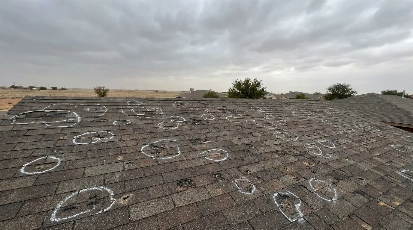 Hail-damaged asphalt shingle roof chalk-marked during a hail damage roof repair inspection in Lubbock, TX
