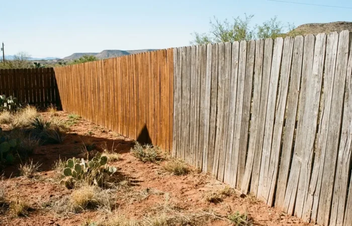 Wood fence weathering from freshly stained brown to faded gray, showing how often to stain a fence in Lubbock, TX