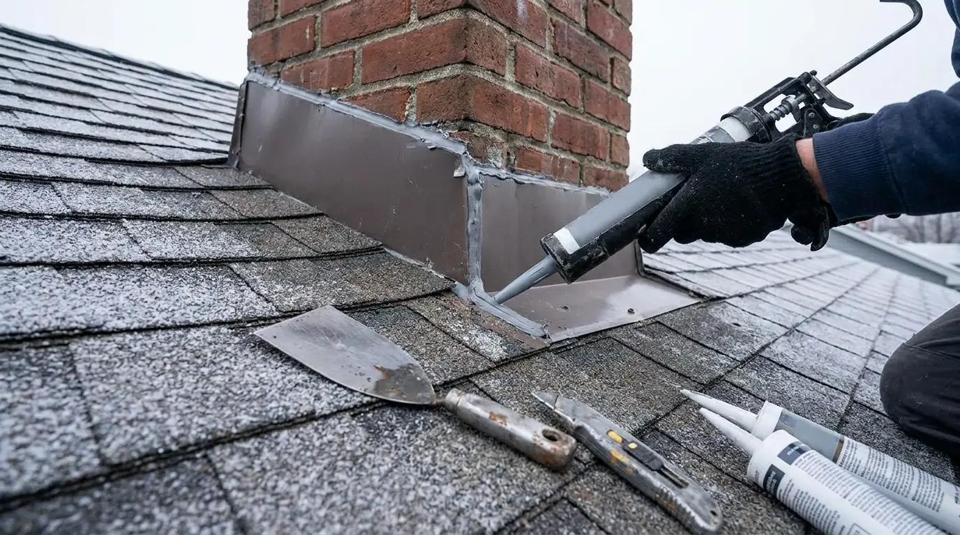 Inspecting and sealing roof flashing around a chimney before winter in Lubbock