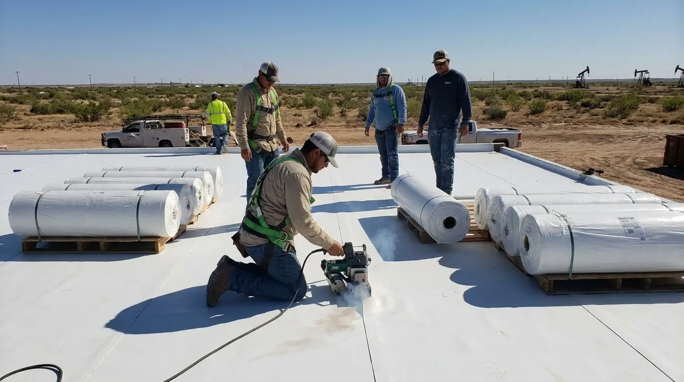 Commercial roofers heat-welding a white TPO membrane on a flat roof in Lubbock