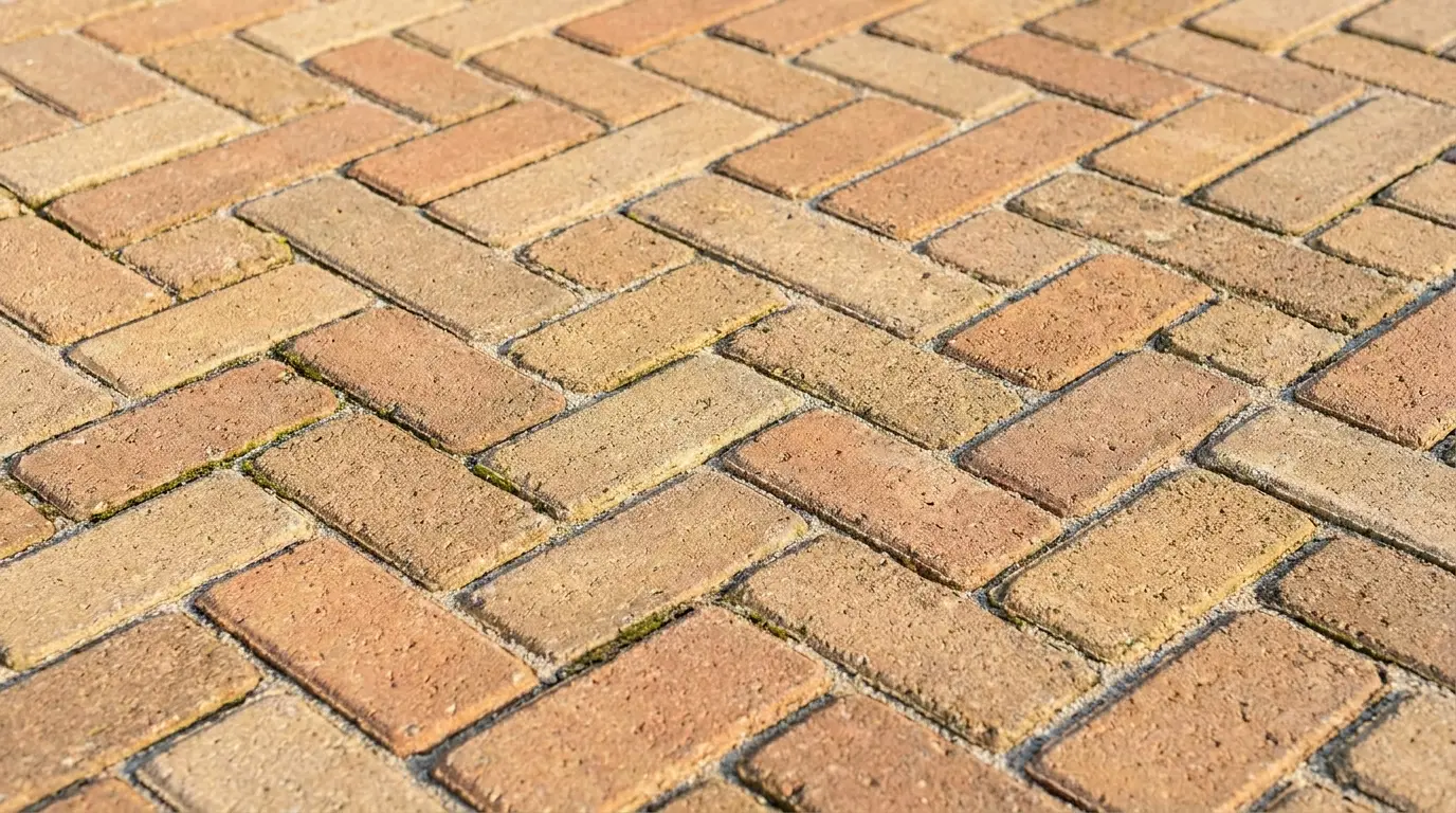 Close-up of an interlocking concrete paver patio in a herringbone pattern