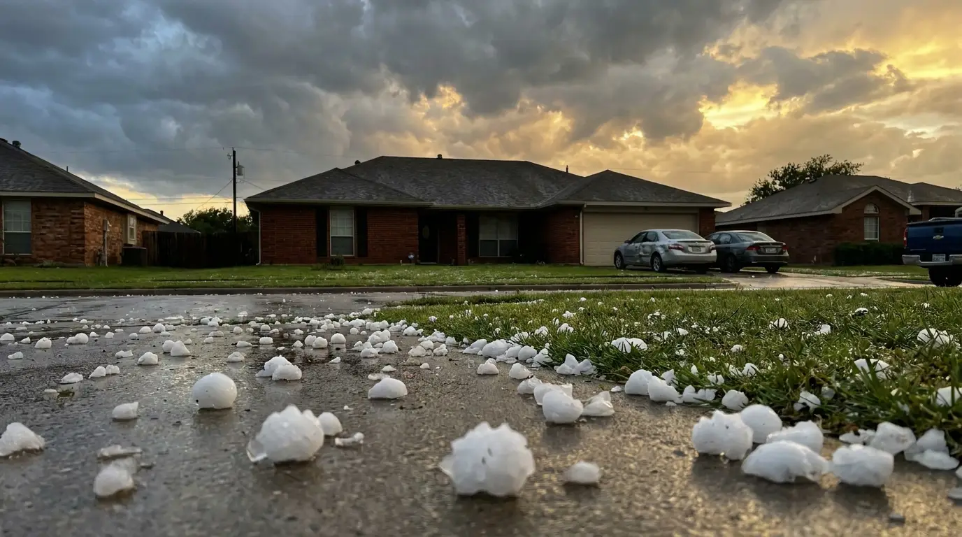 Large golf-ball-sized hailstones on a driveway after a West Texas storm in Lubbock