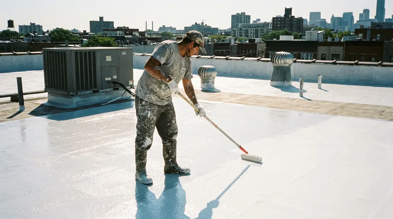 Worker applying reflective white roof coating on a flat commercial roof in Lubbock