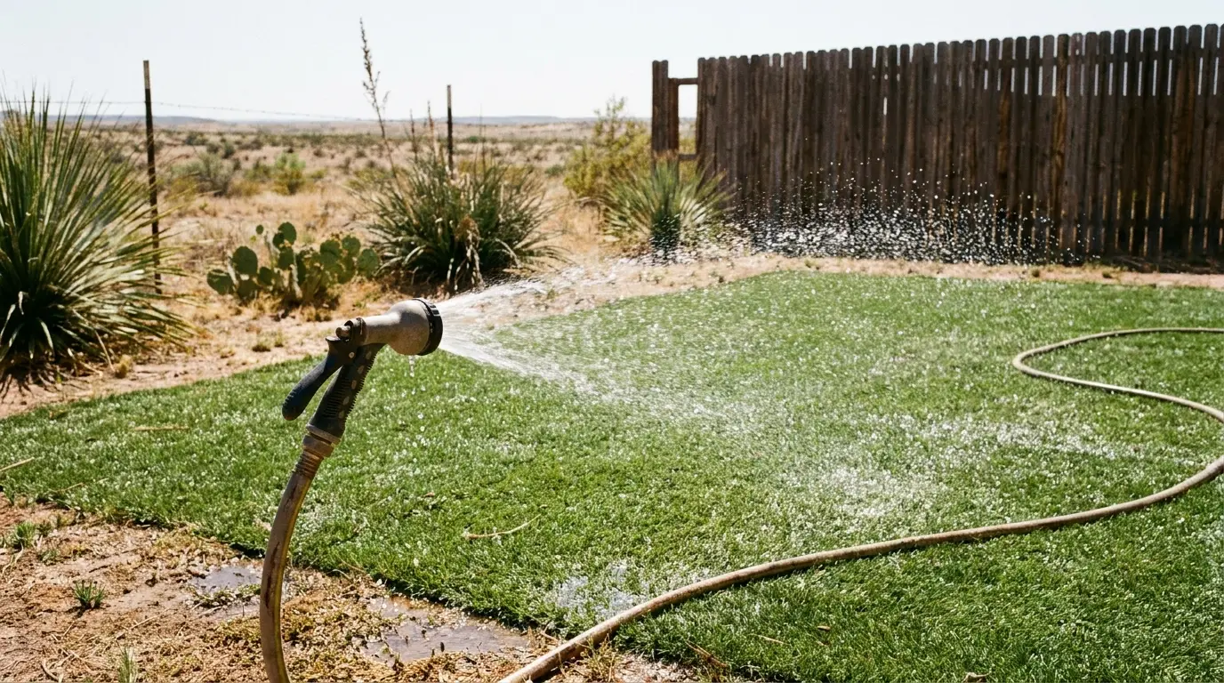 Rinsing an artificial turf lawn with a garden hose in a West Texas backyard