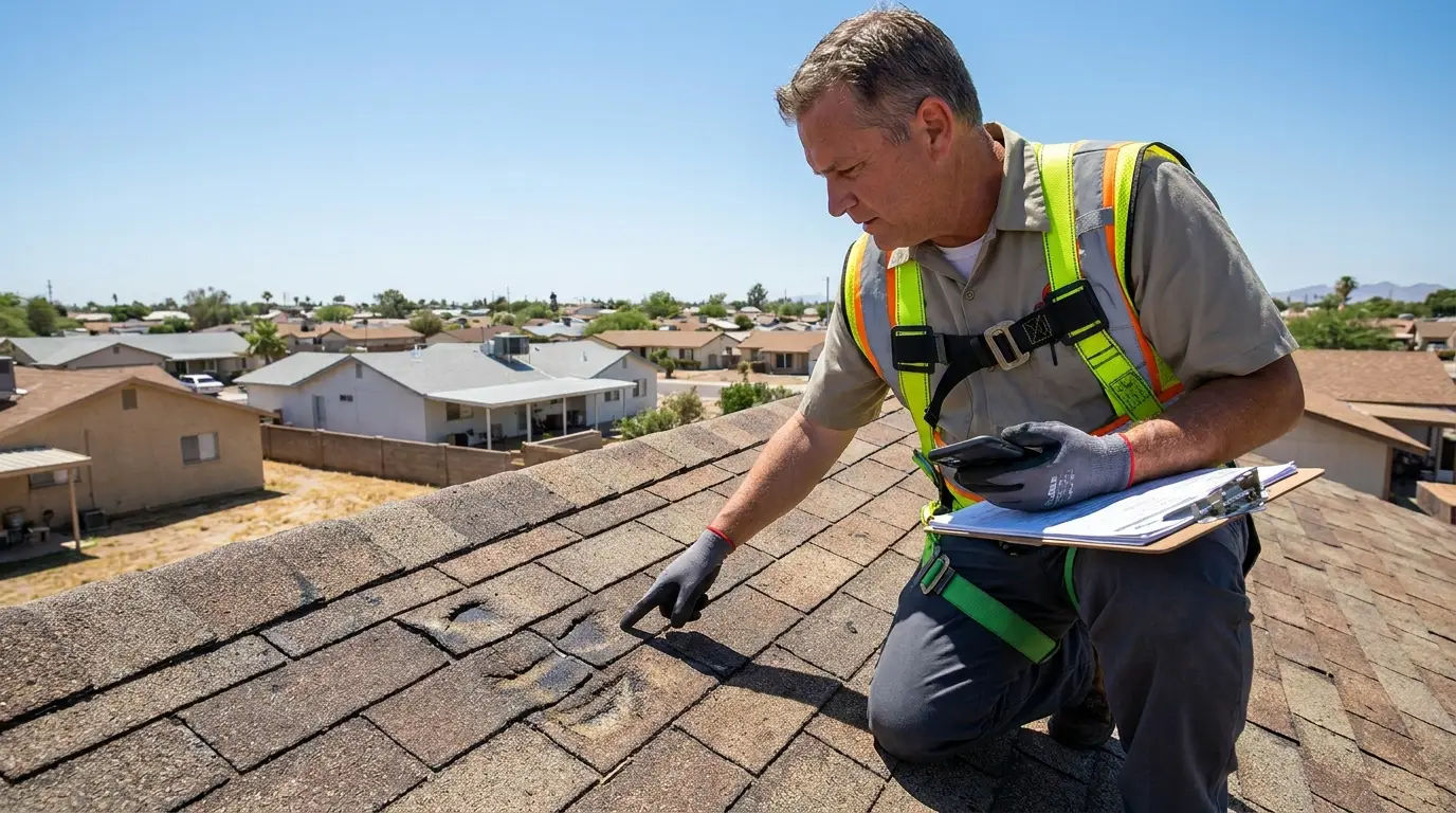 Professional roof inspector documenting hail damage for an insurance claim on a Lubbock home