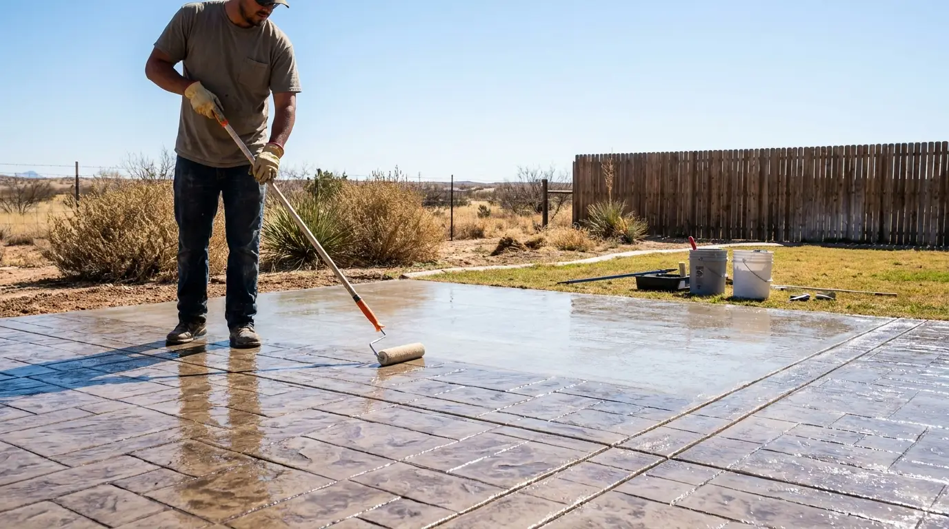 Professional applying sealer to a freshly stamped concrete patio in Lubbock, TX