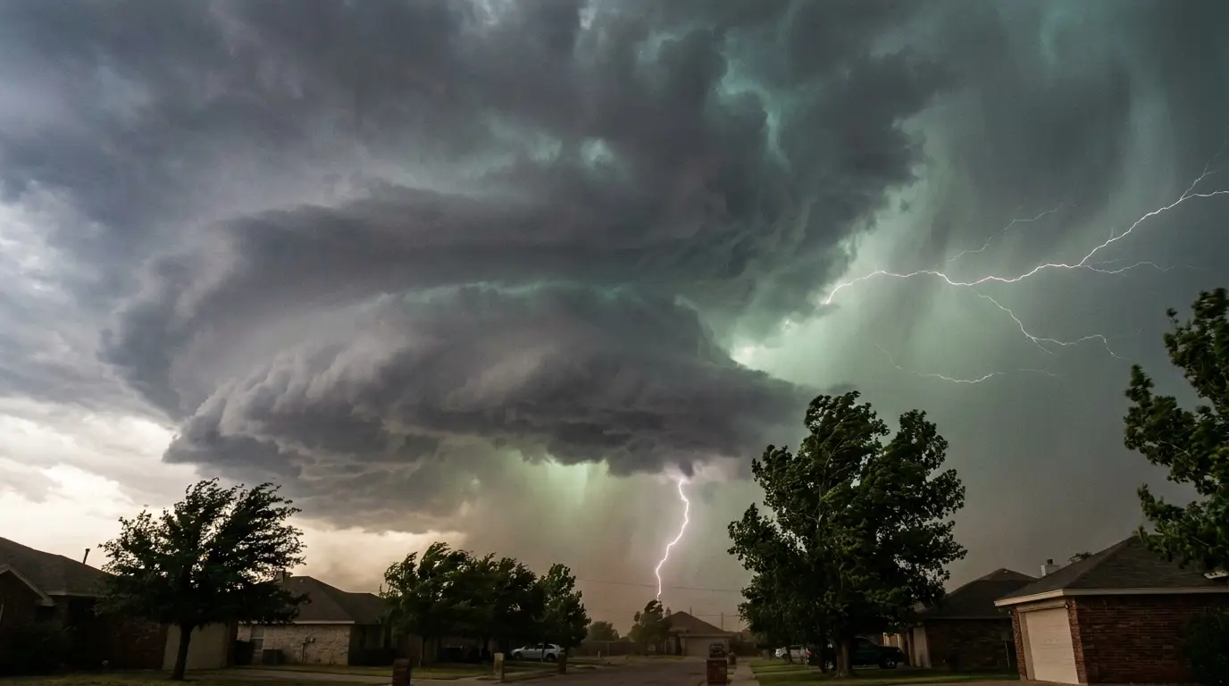 Dark severe storm clouds rolling over a West Texas residential neighborhood near Lubbock