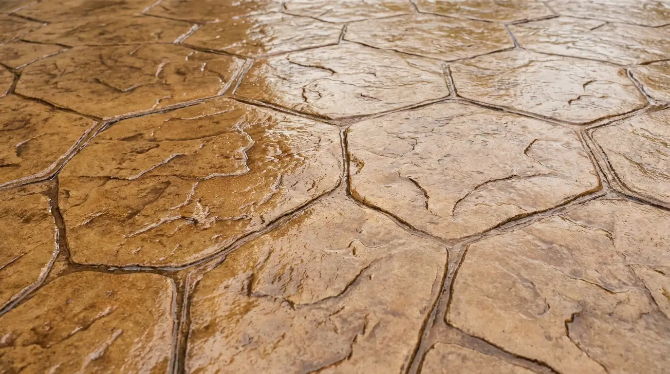 Close-up of stamped concrete with a flagstone pattern and rich brown color, freshly sealed