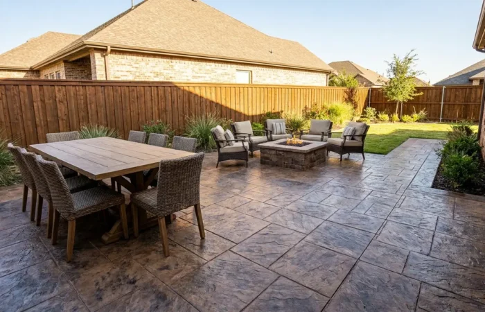 Slate-pattern stamped concrete patio in a Lubbock, TX backyard, illustrating stamped concrete patio cost