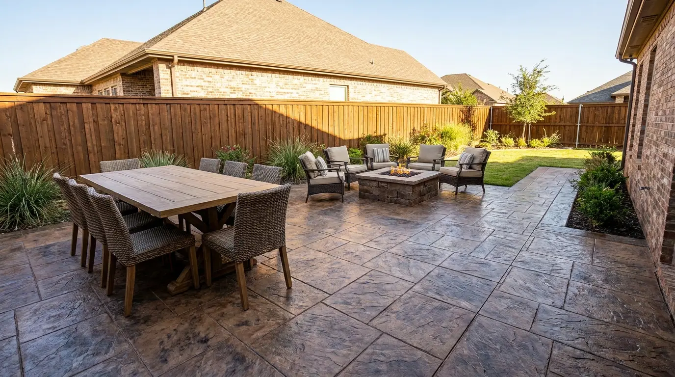 Slate-pattern stamped concrete patio in a Lubbock, TX backyard, illustrating stamped concrete patio cost