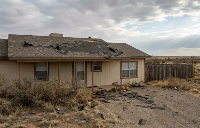West Texas roof with lifted and missing shingles after a windstorm, needing storm damage roof repair in Lubbock