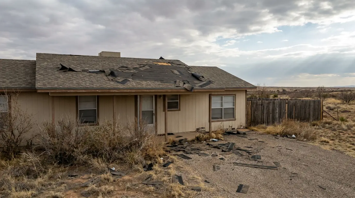 West Texas roof with lifted and missing shingles after a windstorm, needing storm damage roof repair in Lubbock