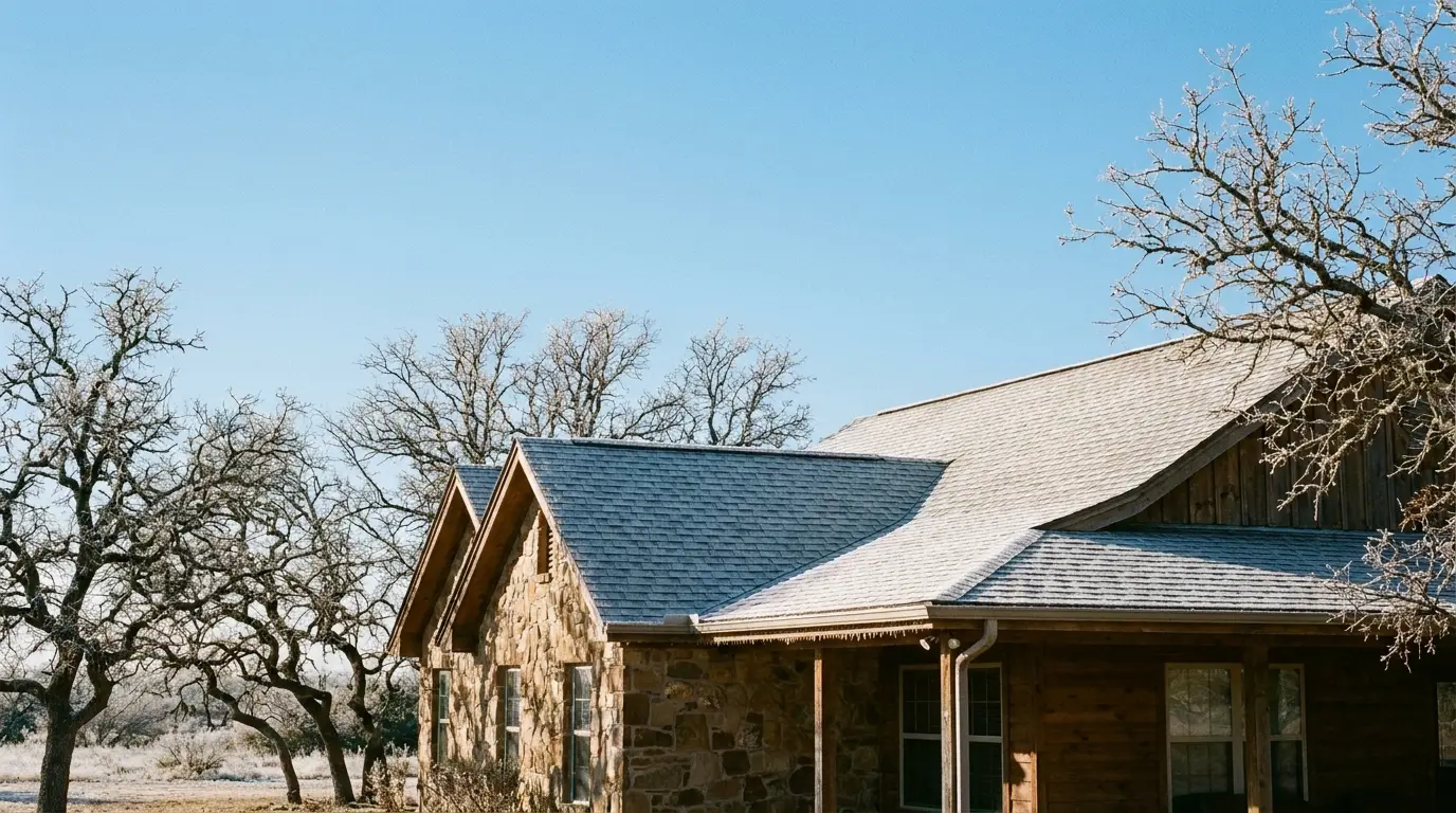West Texas home roof on a frosty winter morning in Lubbock after winter roof maintenance