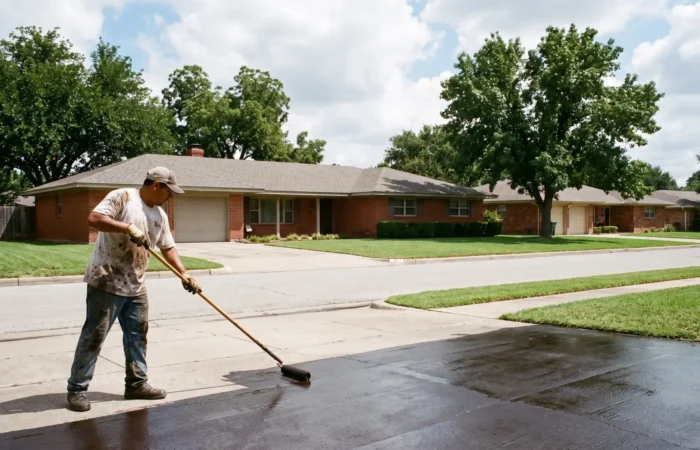 Contractor applying concrete sealing to a broom finish driveway on a cool Lubbock spring morning