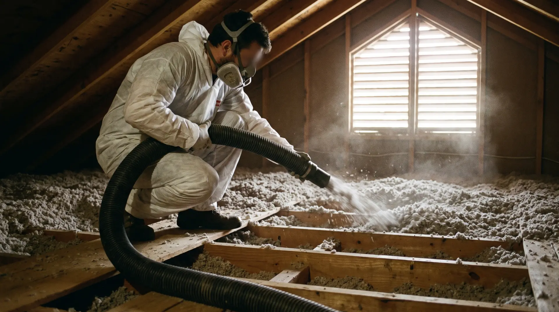 Blown attic insulation evenly covering ceiling joists in a Lubbock, Texas home attic