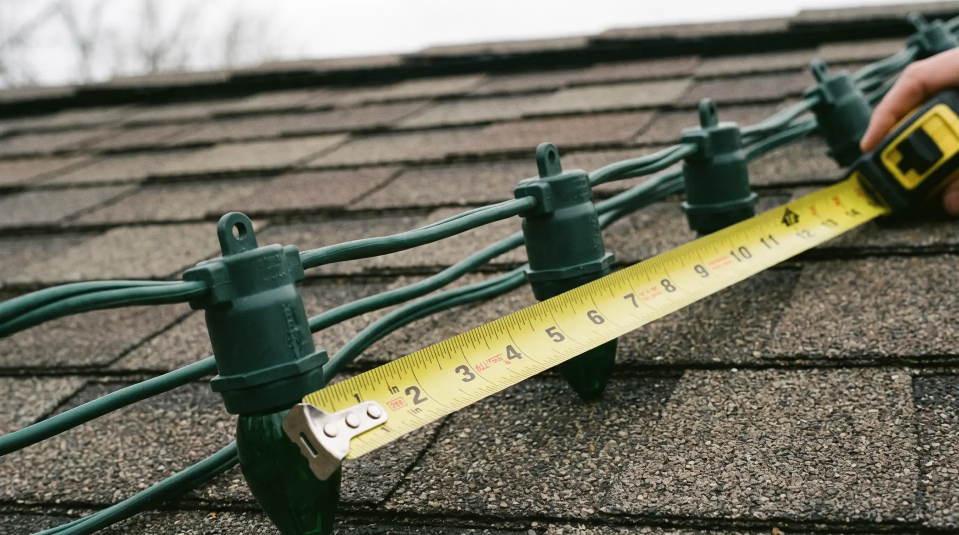 C9 bulbs clipped at twelve inch spacing along the fascia of a West Texas single-story home