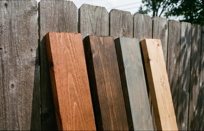 Cedar privacy fence showing popular fence stain colors side by side in Lubbock sunlight