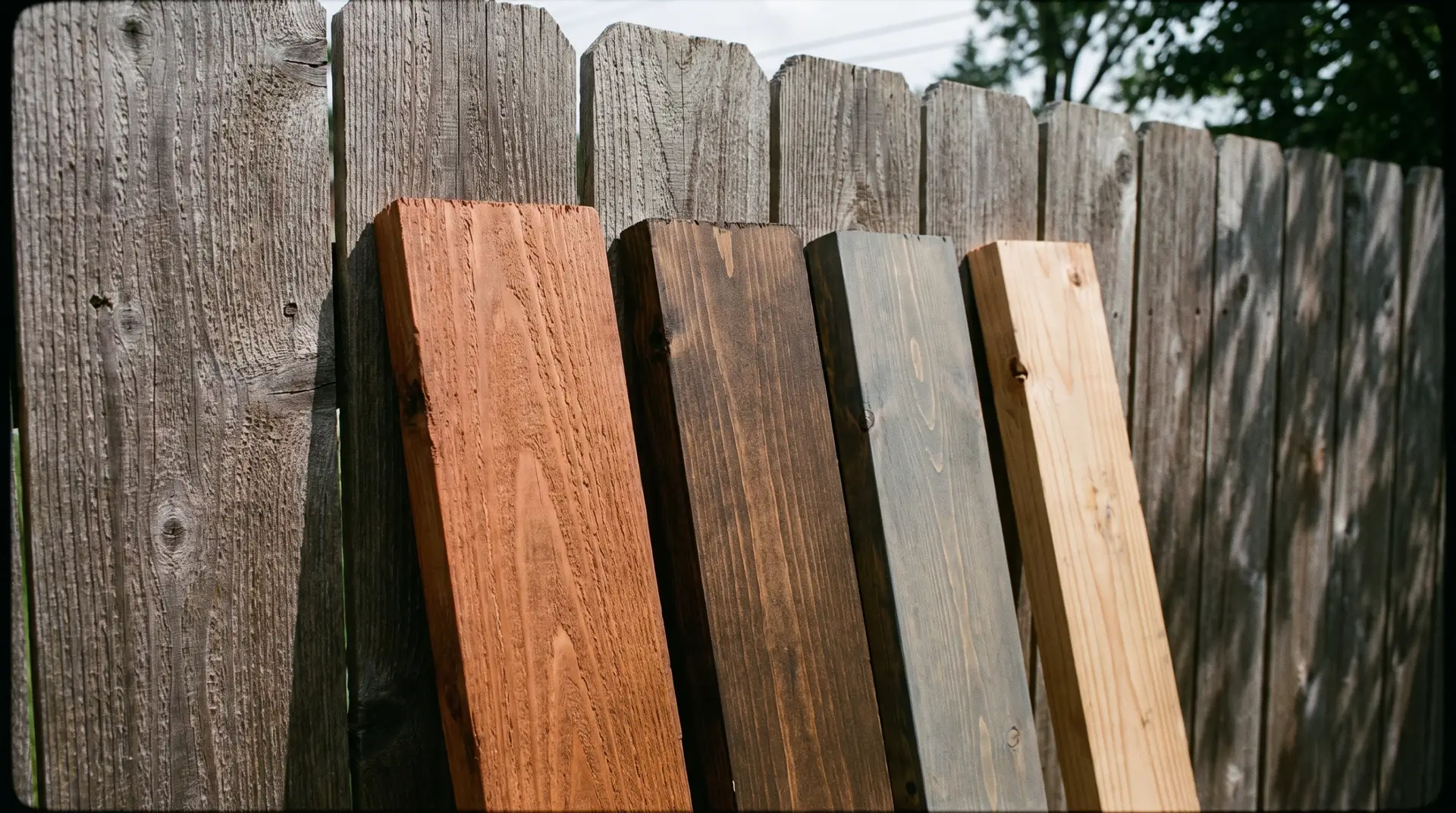 Cedar privacy fence showing popular fence stain colors side by side in Lubbock sunlight
