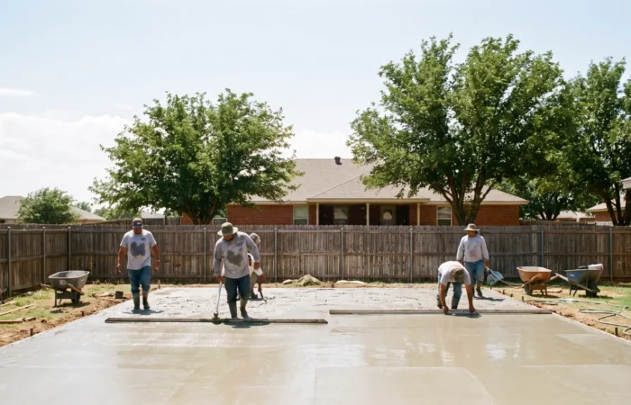 Fresh concrete driveway being broom finished by a crew in Lubbock, Texas