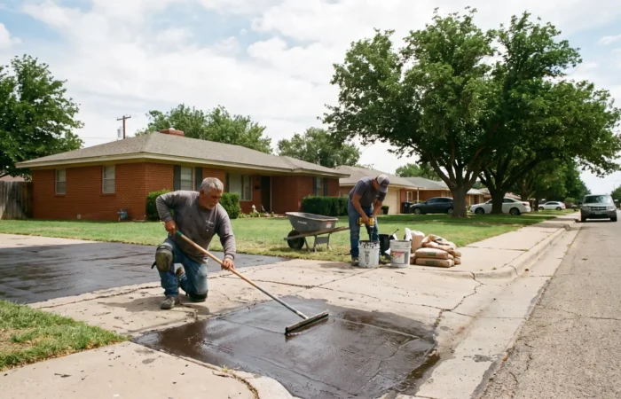 Crew applying a concrete resurfacing overlay to a spalled Lubbock driveway slab