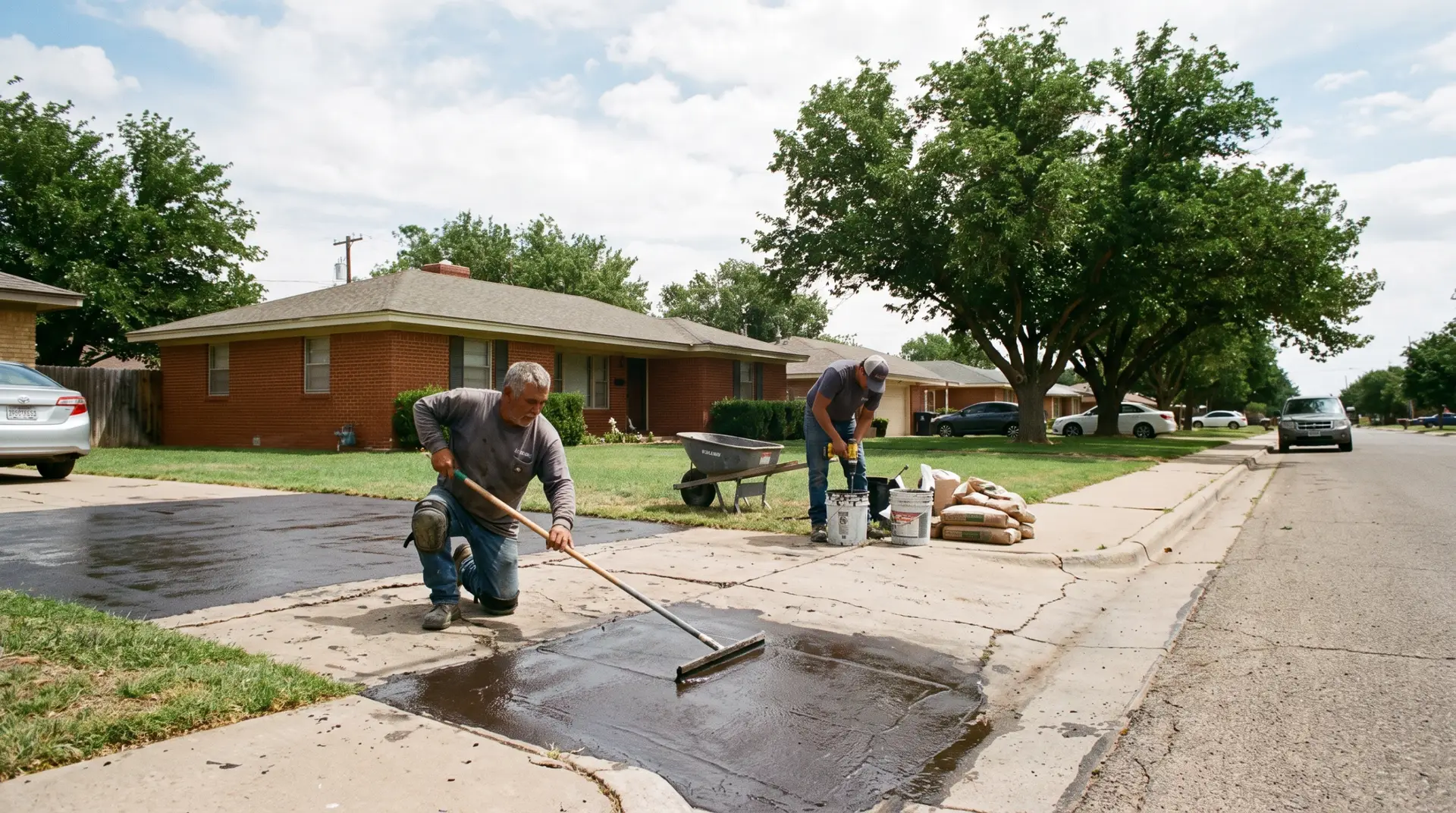 Crew applying a concrete resurfacing overlay to a spalled Lubbock driveway slab