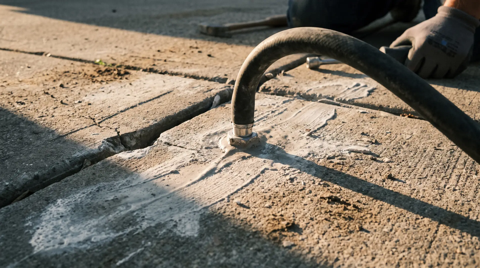 Wide crack with vertical displacement across a West Texas concrete driveway slab