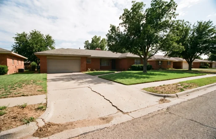 Close view of a hairline crack showing why concrete cracks on a Lubbock driveway slab