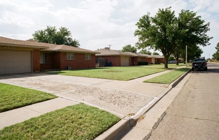 Contractor evaluating a settled panel during concrete driveway repair on a Lubbock home