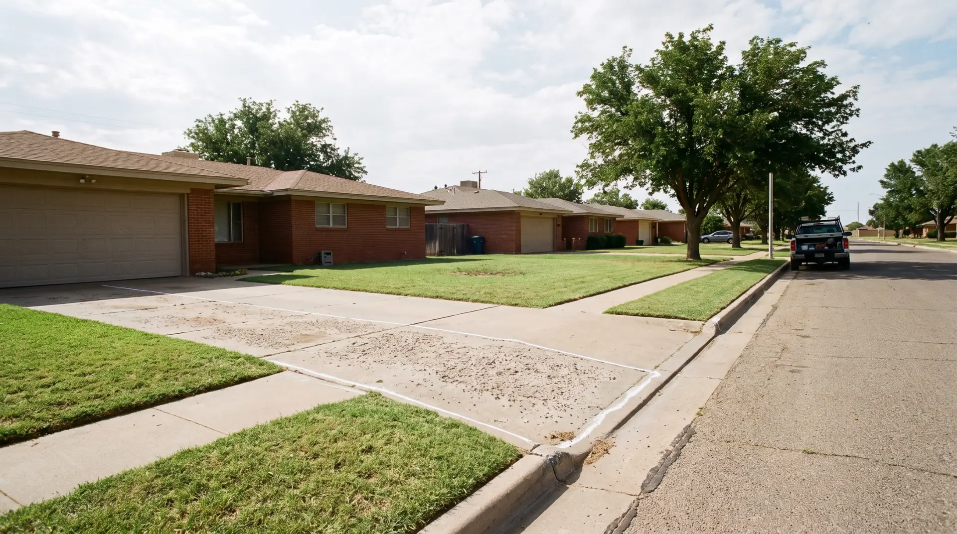 Contractor evaluating a settled panel during concrete driveway repair on a Lubbock home