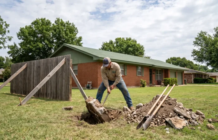 Fence post repair underway on a Lubbock cedar privacy fence with panels braced