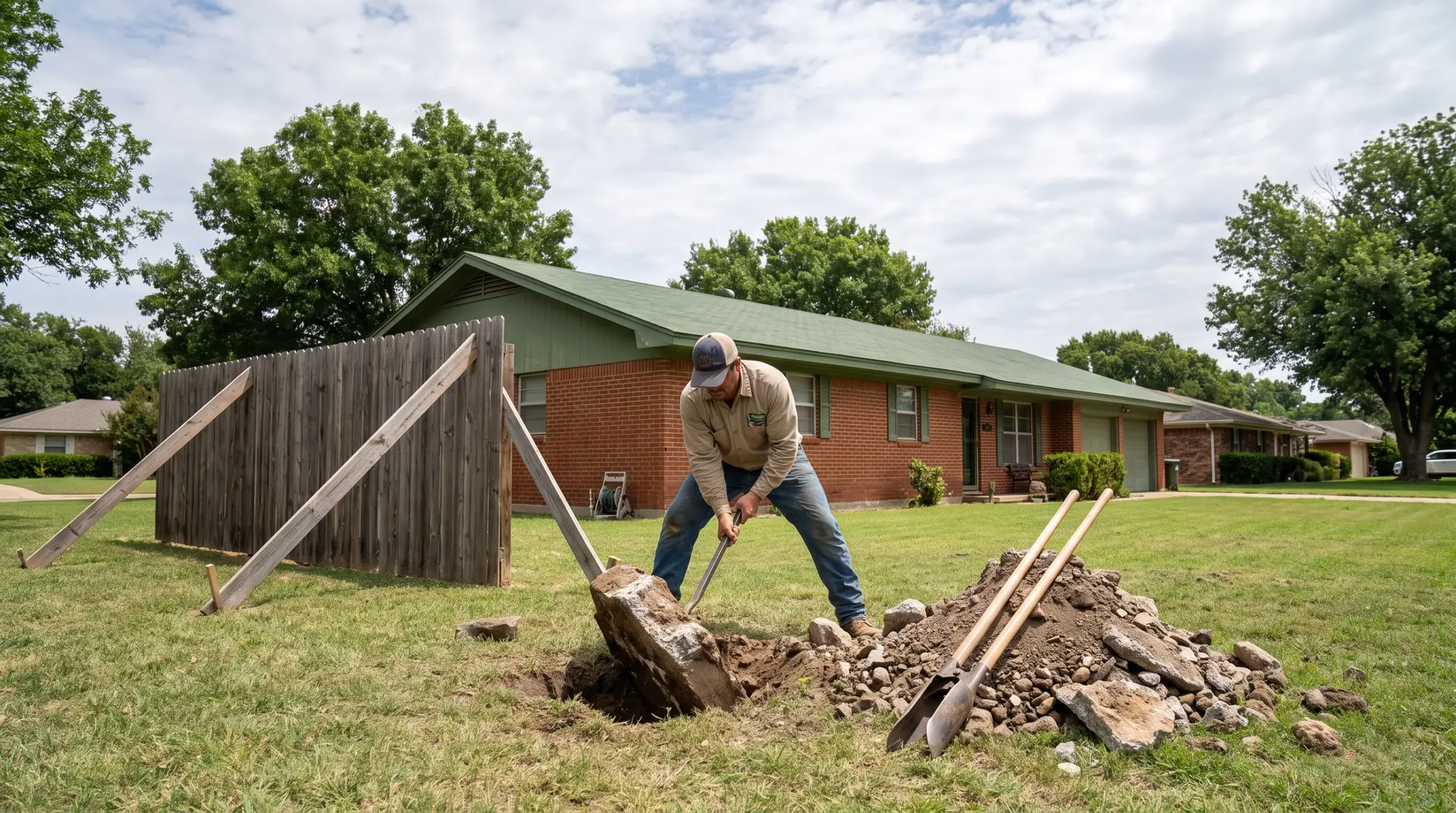 Fence post repair underway on a Lubbock cedar privacy fence with panels braced