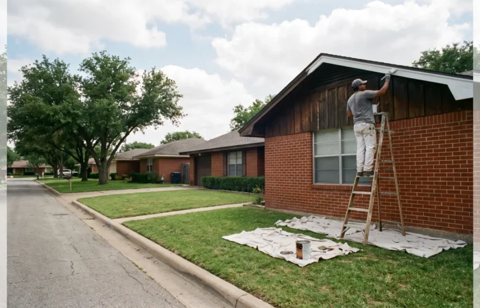 Chalking and faded exterior paint on the sun-facing wall of a Lubbock home