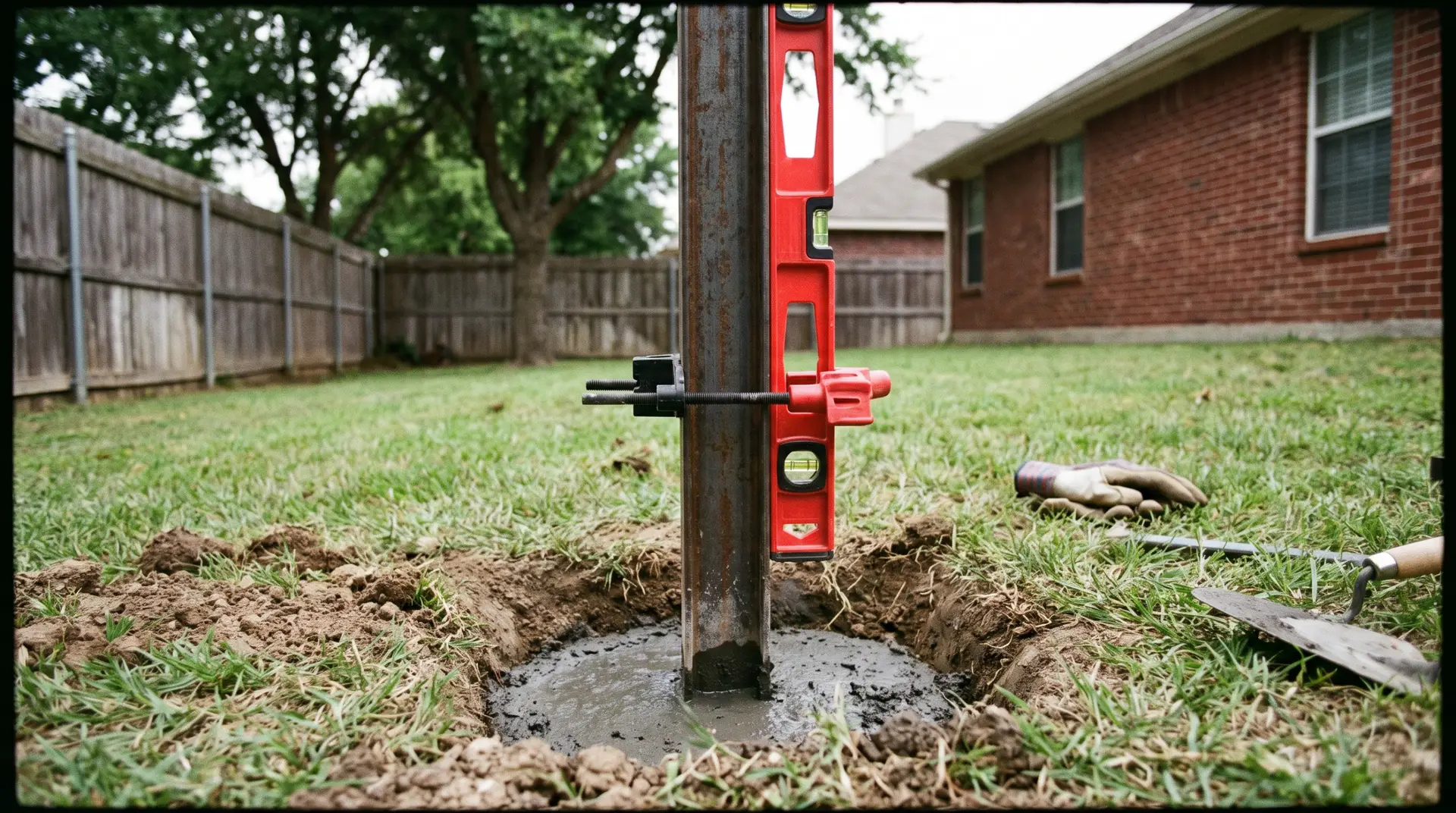 Close detail of a steel fence post set in a concrete footing in West Texas caliche soil