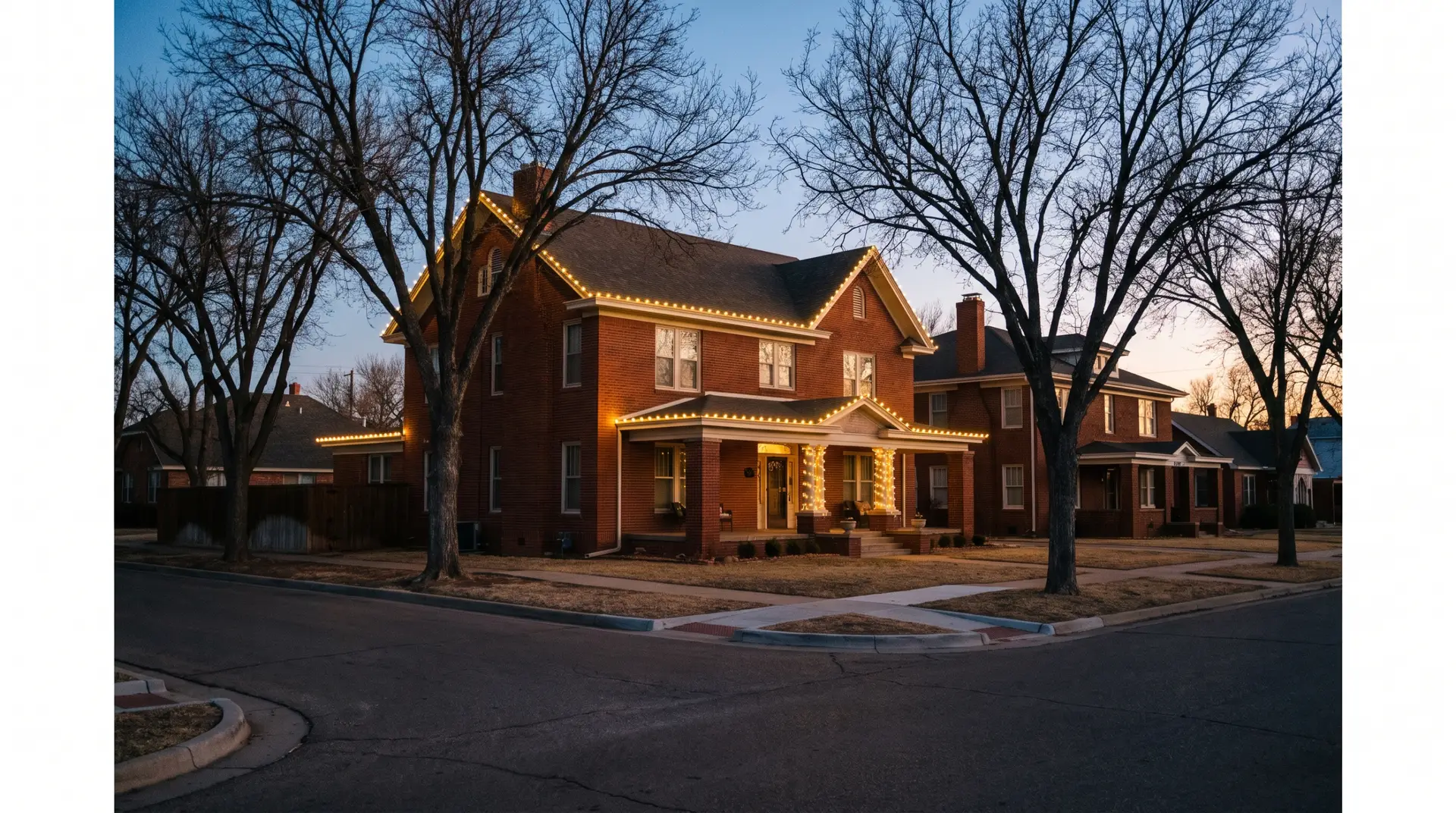 Two-story Lubbock house with gables outlined in warm white lights on a December evening