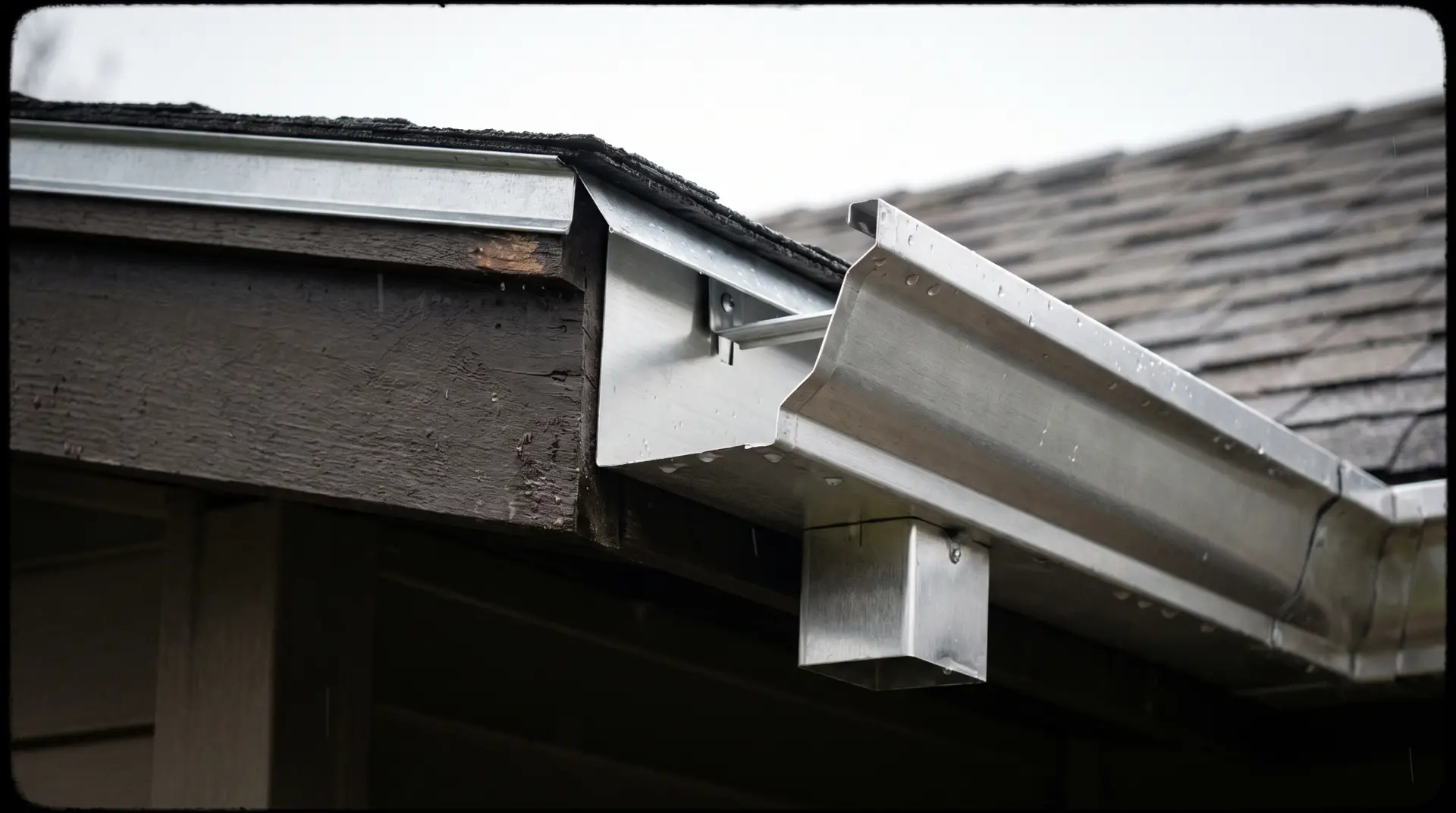 Six inch K style gutter with a three by four downspout at a roof corner