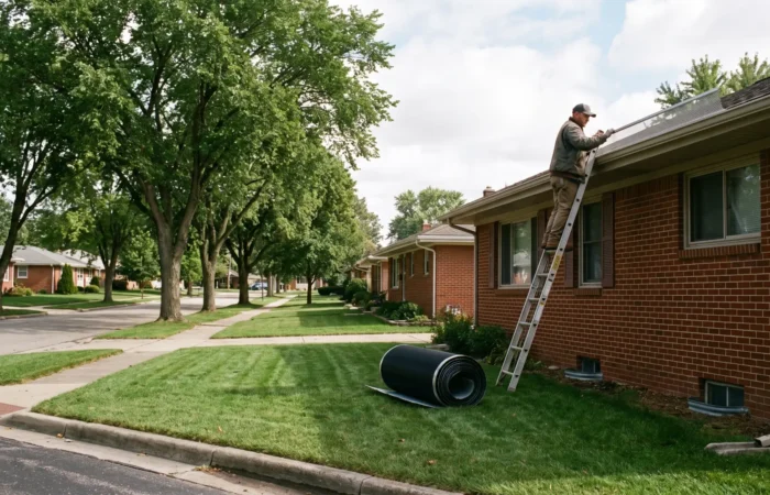 Micro-mesh gutter guards fitted along the roof edge of a Lubbock brick home