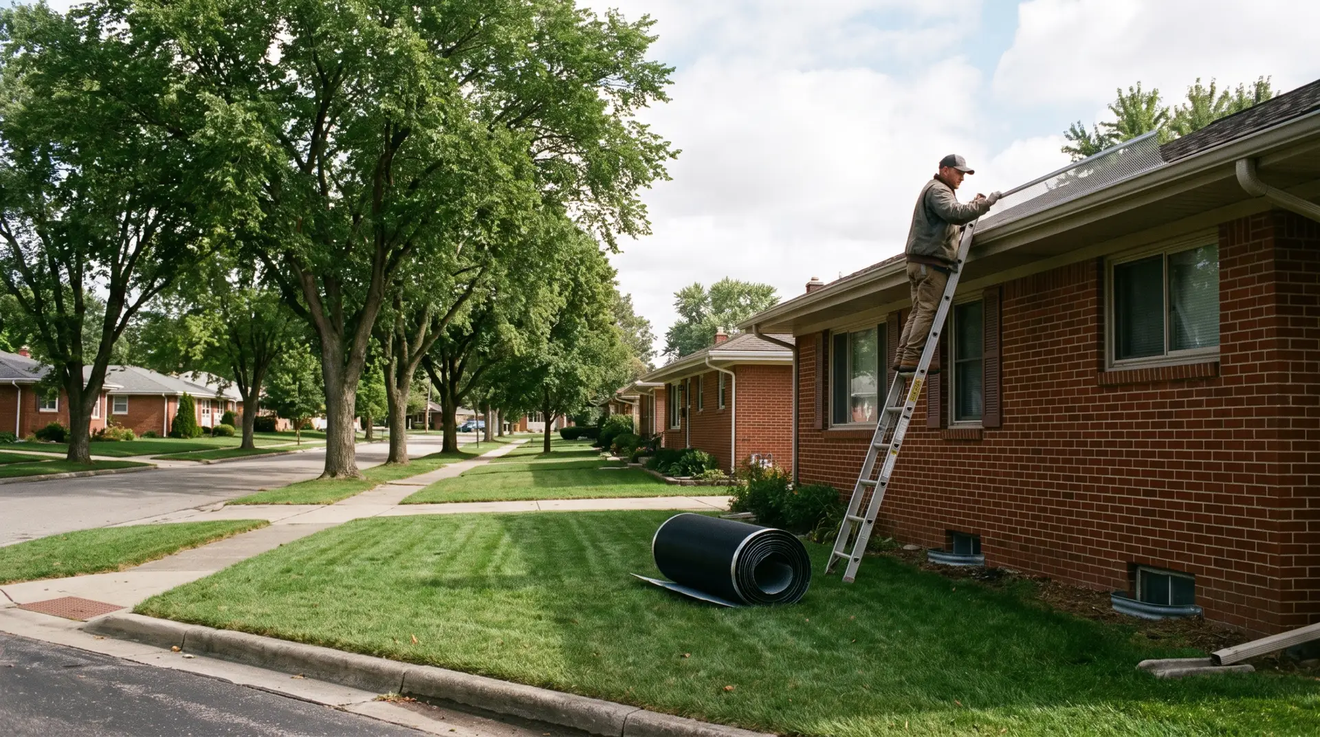 Micro-mesh gutter guards fitted along the roof edge of a Lubbock brick home