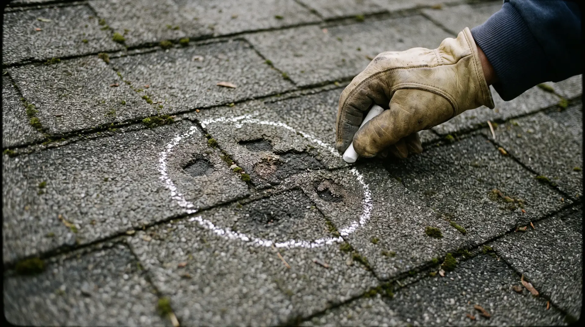 Chalked ten foot test square with circled hail impact marks counted on a shingle slope
